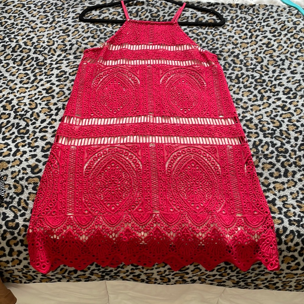 Openwork red lace mini dress